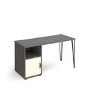 Dams Tikal straight desk with hairpin legs, support pedestal, and cupboard door, featuring a modern office workspace design.
