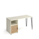 Dams Tikal straight desk with hairpin legs, support pedestal, and cupboard door, featuring a modern wooden surface and sleek design.