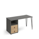 Dams Tikal straight desk with hairpin legs, support pedestal, and drawers, showcasing a modern office workspace.