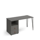 Dams Tikal straight desk with hairpin legs, support pedestal, and drawers, showcasing a modern office workspace setup.
