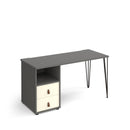 Dams Tikal straight desk with hairpin legs, support pedestal, and drawers, featuring a sleek modern design and wooden surface.