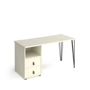 Dams Tikal straight desk with hairpin legs and support pedestal featuring drawers, shown in white with wood finish accents.