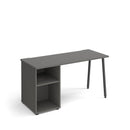 Dams Sparta straight desk with A-frame legs and support pedestal, featuring a sleek wooden tabletop and sturdy metal frame.