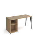 Dams Tikal straight desk with hairpin legs and support pedestal, featuring a modern wooden tabletop and metal hairpin legs.
