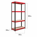 Nautilus Designs RB Boss 4-tier shelving unit with red and black powdercoated steel frame and MDF shelves, 1800x900x400mm, 300kg capacity