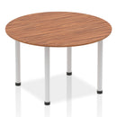 Impulse round table with post leg design in walnut finish by Dynamic, showcasing its smooth surface and sturdy wooden construction.