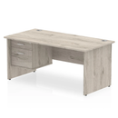 Gray oak Impulse panel end straight desk with fixed pedestal by Dynamic, featuring a modern office workspace setup.