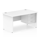 White Impulse Panel End Straight Desk with Fixed Pedestal by Dynamic, showing the clean, modern workspace with sturdy furniture.