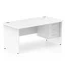 White Impulse Panel End Straight Desk with Fixed Pedestal by Dynamic, showing the clean workspace and sturdy desk design.