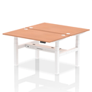 Dynamic Air 2-person back-to-back height adjustable bench desk with beech wood finish and metal frame for versatile workspace.