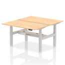 Dynamic Air 2-person back-to-back height adjustable bench desk in maple wood with a sturdy, modern design.