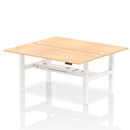 Dynamic Air 2 Person Back-to-Back Height Adjustable Bench Desk in maple wood, showing the sturdy, modern design and adjustable features.