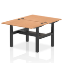 Dynamic Air 2-person back-to-back height adjustable oak desk bench showing sturdy wooden surface and adjustable metal frame.