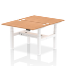 Dynamic Air 2-person back-to-back adjustable height oak desk bench with sturdy metal frame and ergonomic design.