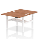 Dynamic Air 2-person back-to-back height adjustable bench desk with walnut finish, featuring sturdy metal frame and ergonomic design.