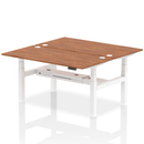 Dynamic Air 2-person back-to-back adjustable height bench desk in walnut wood finish, showing sturdy frame and ergonomic design.