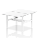 White 2-person back-to-back height adjustable bench desk by Dynamic, showing the sleek, modern design and adjustable features.