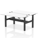 White Dynamic Air 2-person back-to-back height-adjustable bench desk, showing the sleek design and adjustable features.