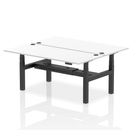 White Dynamic 2-person back-to-back height adjustable bench desk, showing the sturdy frame and adjustable features.