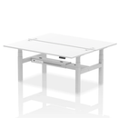 White Air 2-person back-to-back height adjustable bench desk by Dynamic, showing the sturdy design and adjustable features.