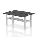 Black Dynamic Air 2 Person Back-to-Back Slimline Height Adjustable Bench Desk, featuring black padded seats and adjustable height.