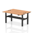 Dynamic Air 2-person back-to-back slimline height adjustable oak desk bench, showcasing its modern wooden design and compact size.