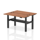 Dynamic Air 2 Person Back-to-Back Slimline Height Adjustable Walnut Bench Desk, showing the sleek wooden finish and adjustable features.