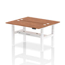 Dynamic Air 2 Person Back-to-Back Slimline Height Adjustable Walnut Bench desk showing wood finish and adjustable metal frame