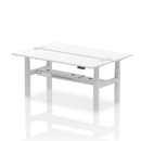 White Dynamic Air 2-person back-to-back slimline height adjustable bench desk, shown with the adjustable features and modern design.