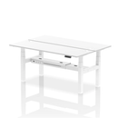 White Dynamic Air 2-person back-to-back slimline height adjustable office bench desk shown from the front with clean white finish.