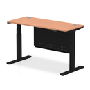 Dynamic Air 600mm deep height adjustable desk in beech with cable ports and steel modesty panel, shown from side view.