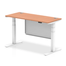 Height adjustable Beech desk by Dynamic with cable ports, steel modesty panel, and 600mm depth for versatile workspace setup.