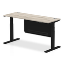 Grey oak air 600mm deep height adjustable desk by Dynamic with cable ports and steel modesty panel, shown with black frame.