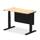 Dynamic Air 600mm deep height adjustable desk in maple with cable ports and steel modesty panel, shown from side view.
