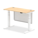 Dynamic Air 600mm deep height adjustable desk with cable ports and steel modesty panel in maple finish, shown from a side view.