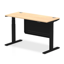 Dynamic Air 600mm deep height adjustable desk in maple with cable ports and steel modesty panel, shown from a side angle.