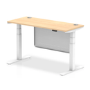 Dynamic Air 600mm deep height adjustable desk with cable ports and steel modesty panel in maple finish.