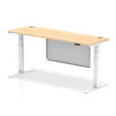 White Dynamic Air 600mm deep height adjustable desk with cable ports and steel modesty panel, featuring a maple finish.