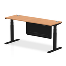 Dynamic Air 600mm deep height adjustable oak desk with cable ports and steel modesty panel, black finish.