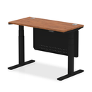 Dynamic Air 600mm deep height adjustable desk with walnut finish, cable ports, steel modesty panel, and modern workspace design.
