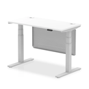 White Air 600mm deep height adjustable desk by Dynamic with cable ports and steel modesty panel, shown with cable management and clean design.