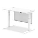 White Dynamic Air 600mm deep height adjustable desk with cable ports and steel modesty panel, showcasing a modern workspace setup.