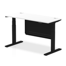 White Dynamic Air 600mm deep height adjustable desk with cable ports and steel modesty panel, shown from a side angle.