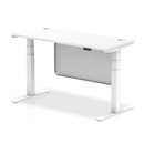 White Dynamic Air 600mm deep height adjustable desk with cable ports and steel modesty panel, showing clean modern workspace setup.