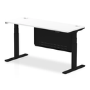 White Dynamic Air 600mm deep height adjustable desk with cable ports and steel modesty panel, shown from a side view.