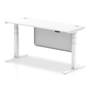 White Dynamic Air 600mm deep height adjustable desk with cable ports and steel modesty panel, side view showing adjustable height feature.