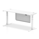 White Dynamic Air 600mm deep height adjustable desk with cable ports and steel modesty panel, front view showing clean workspace.