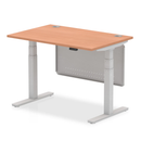 Dynamic Air 800mm deep height adjustable desk with cable ports and steel modesty panel in beech finish, showing the workspace and features.