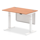 Beech Air 800mm deep height adjustable desk by Dynamic with cable ports and steel modesty panel, image showing front view.