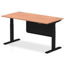 Dynamic Air 800mm deep height-adjustable desk in beech with cable ports, steel modesty panel, and black frame, shown from a side angle.
